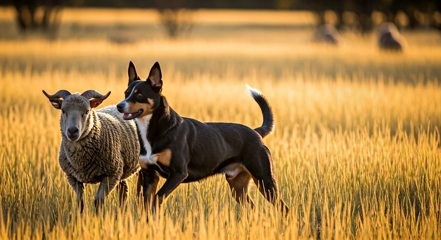 A red and white Border Collie standing at a pasture gate in late-afternoon light