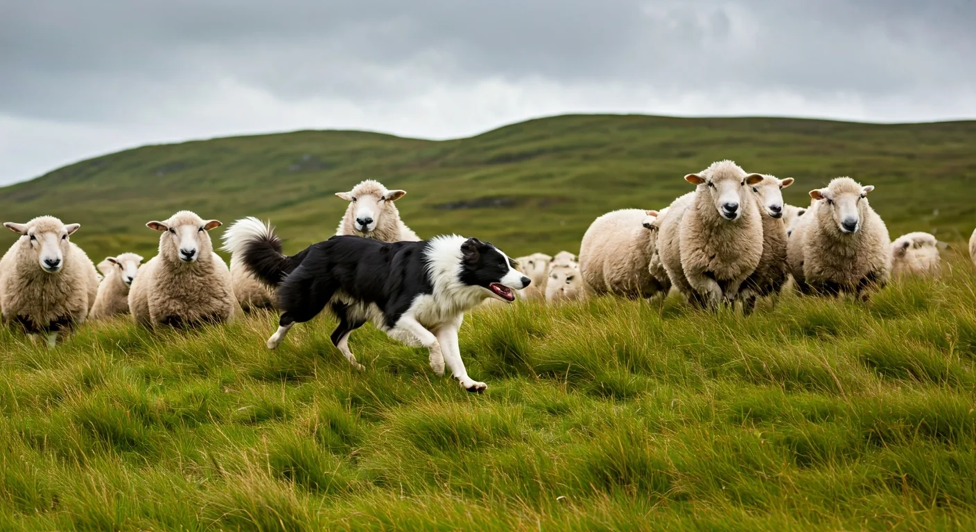 Border Collie in outrun gathering sheep across hillside
