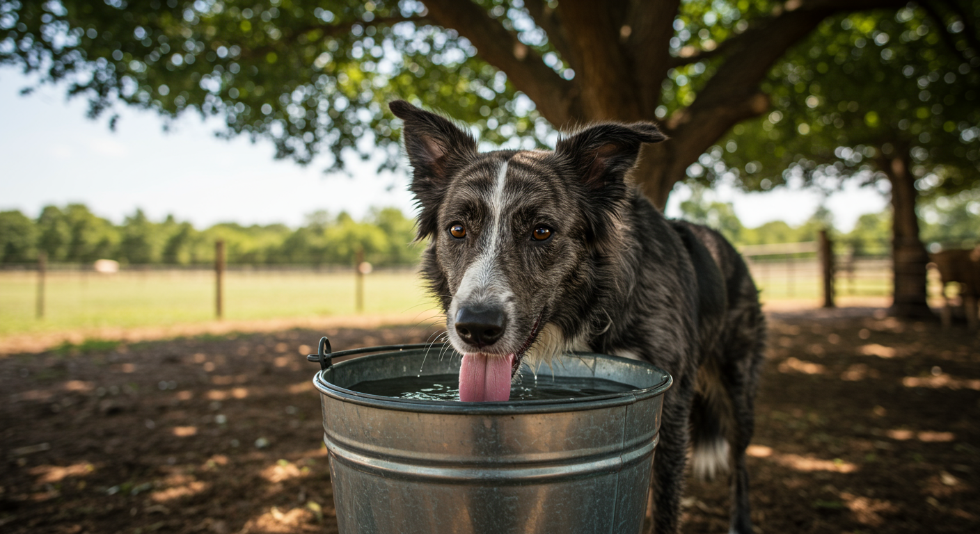 Working border collie drinking water from bucket on hot summer day at farm with tongue hanging out