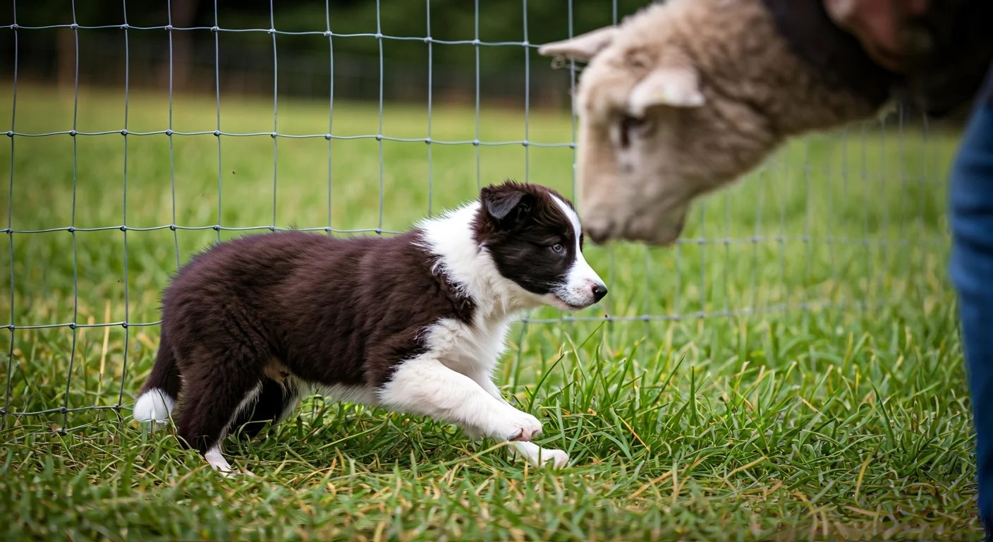 Young Border Collie puppy showing herding instinct