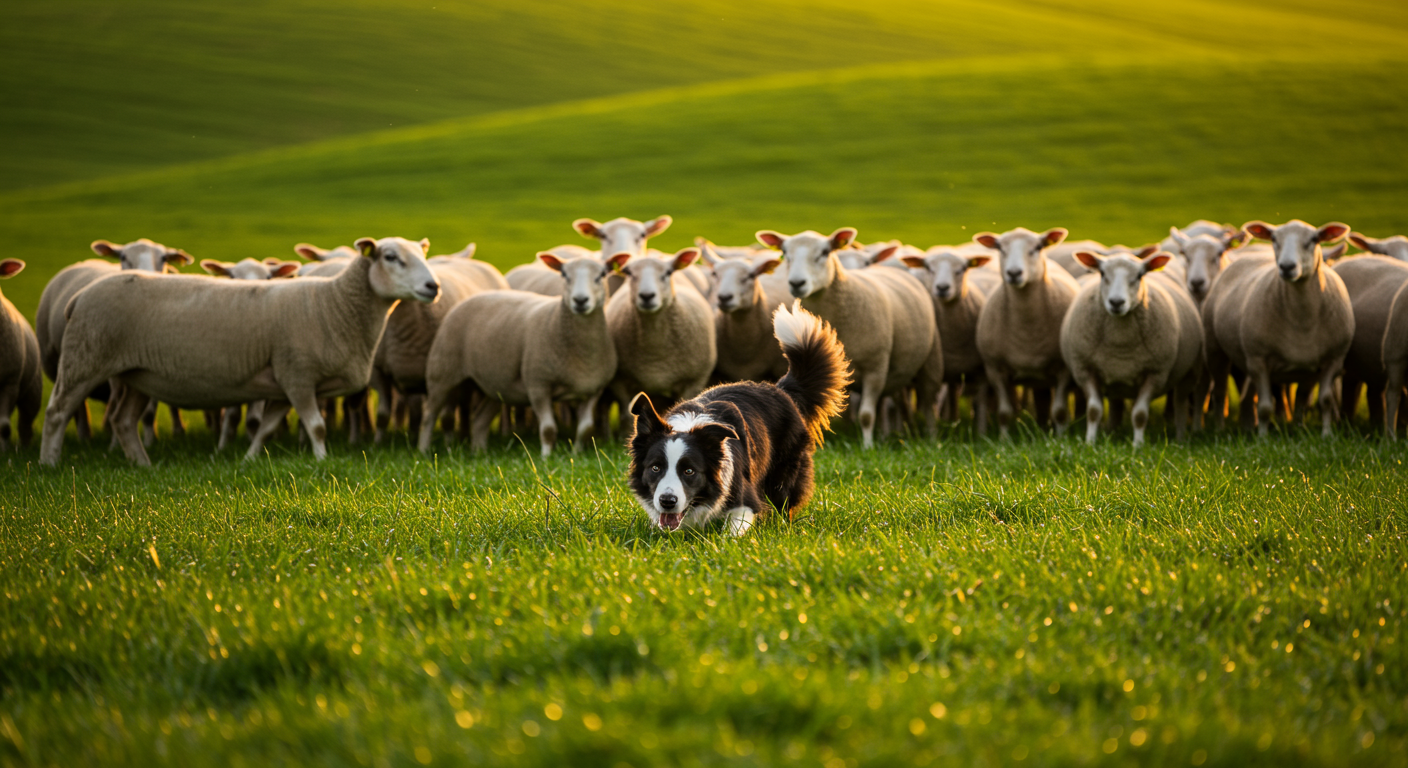 Border collie giving classic herding stare eye at sheep in pasture, low crouched posture, intense focus