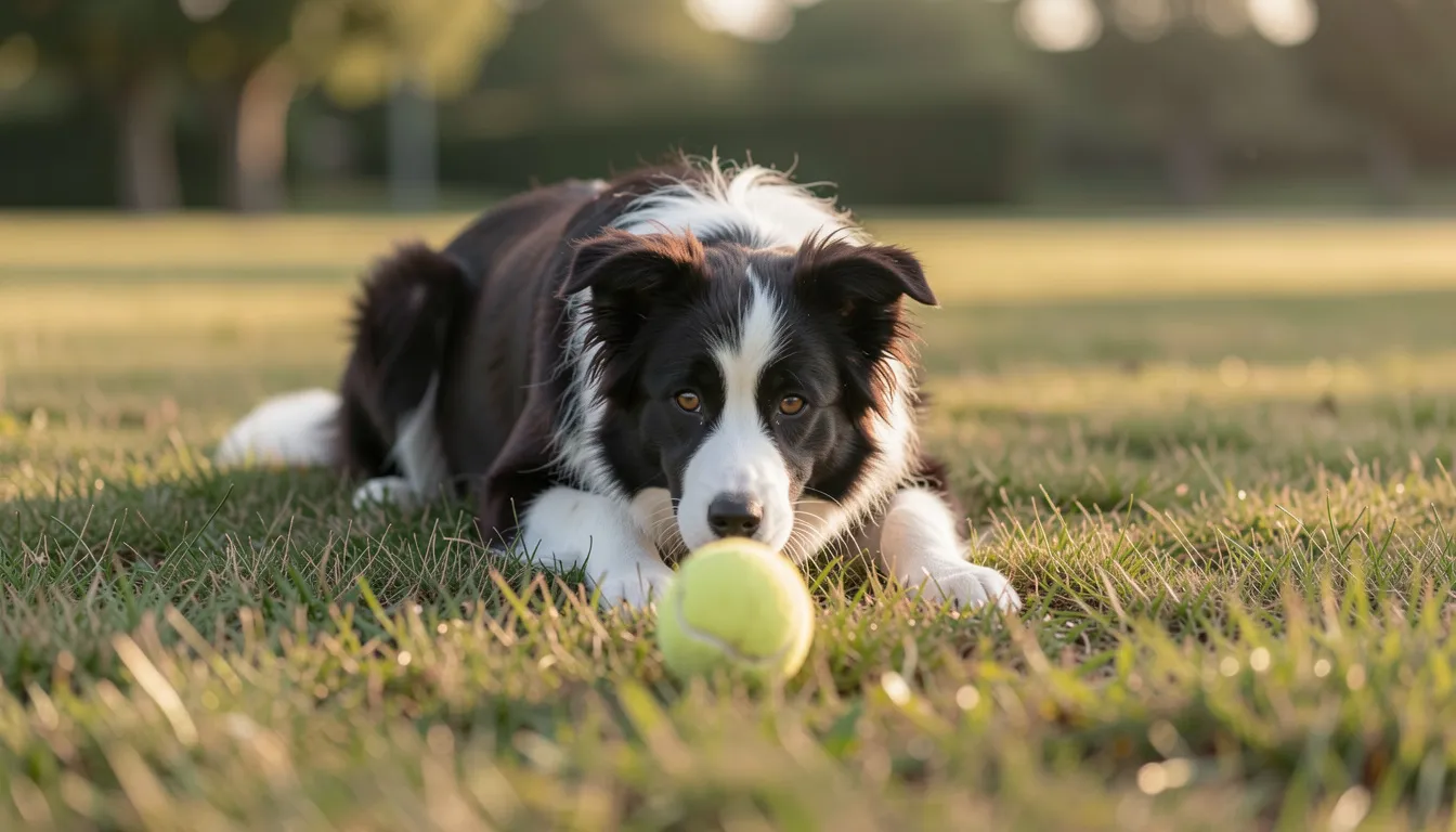 A young Border Collie lying in short grass, head low, eyes fixed on a tennis ball just in front of its paws, early morning light