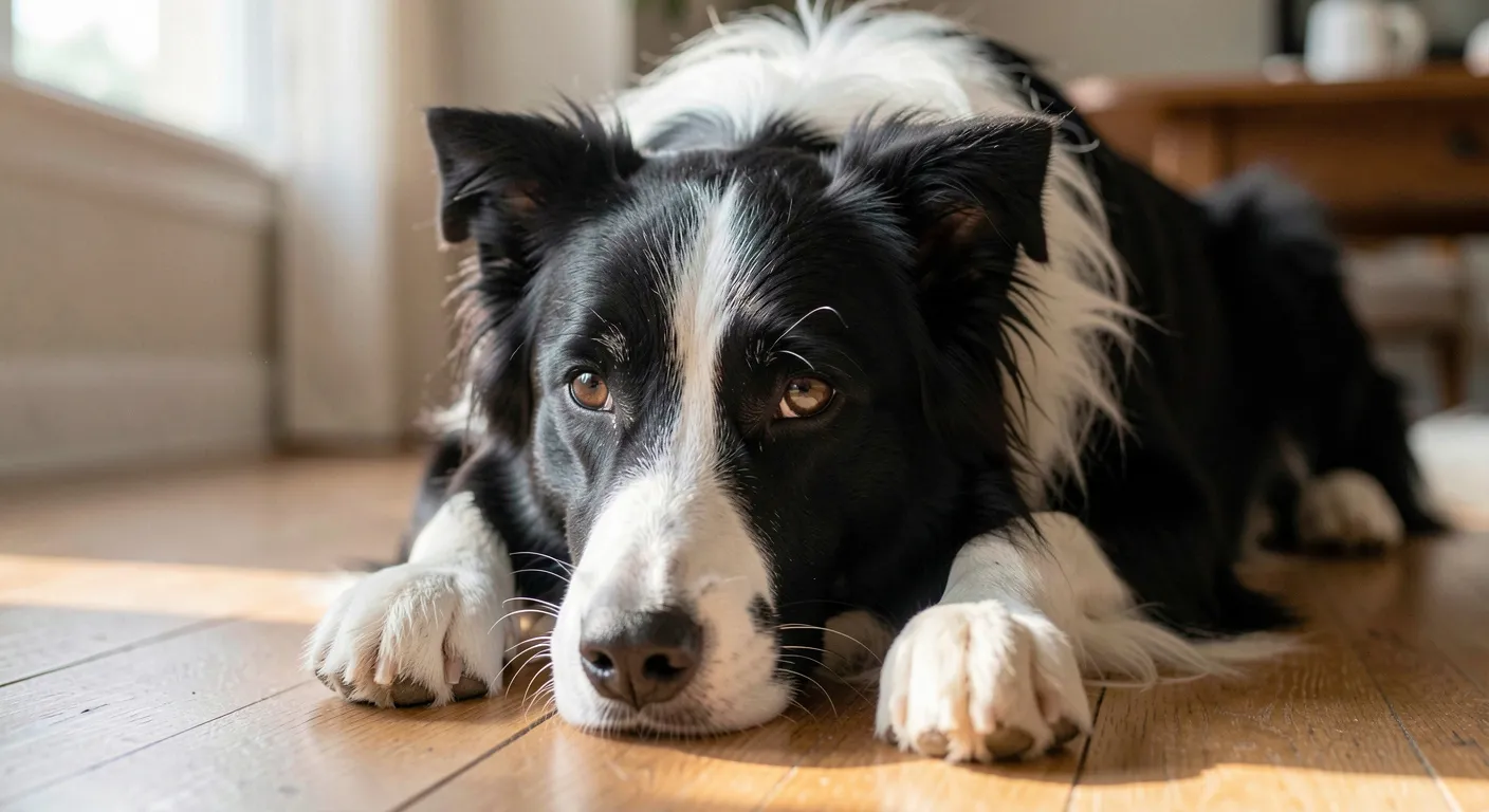 A black and white Border Collie lying on a wooden floor indoors, head low between its paws, eyes fixed intently on something out of frame